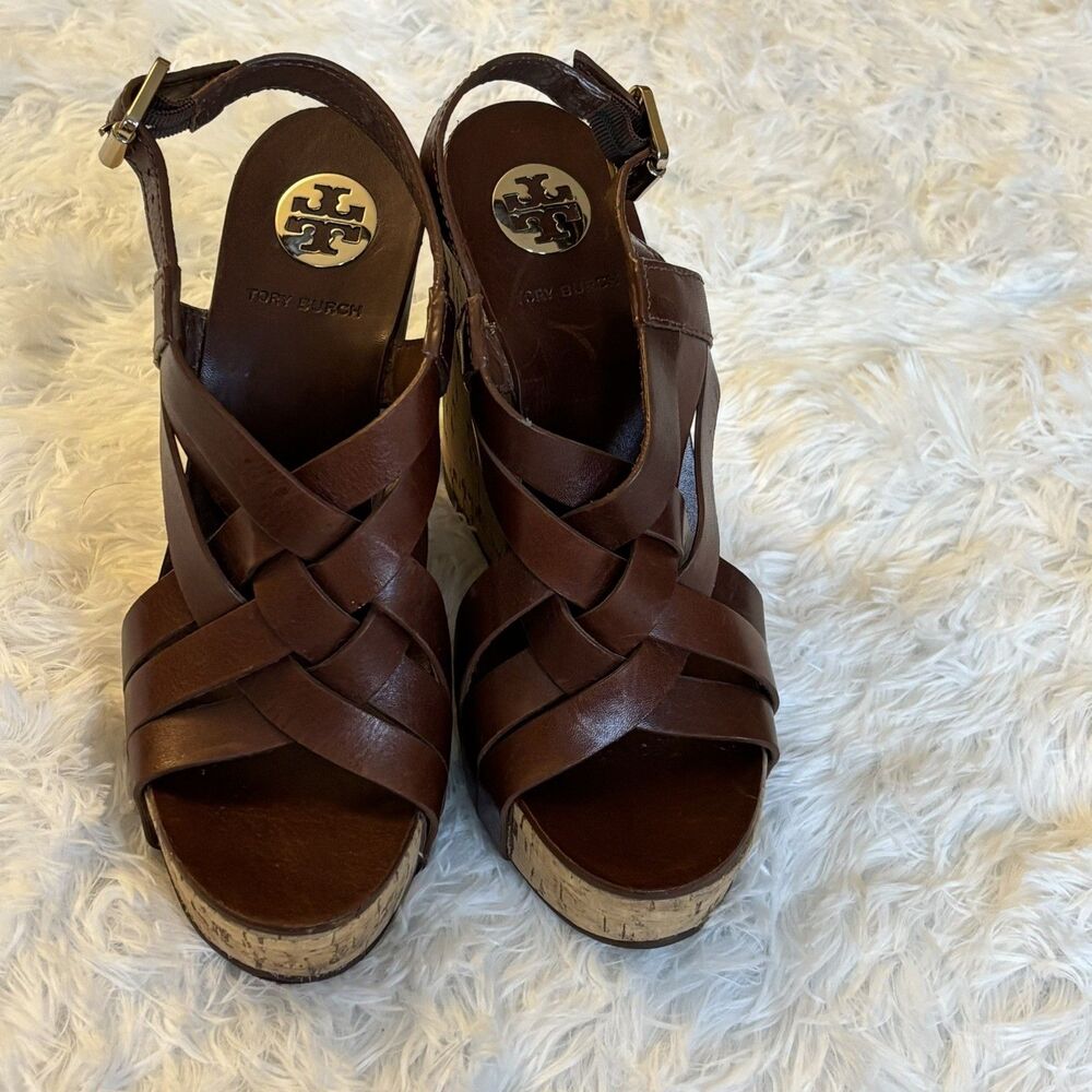 Tory Burch Ace Platform Wedge Leather Sandals Brown Cork Size 9M Great Condition